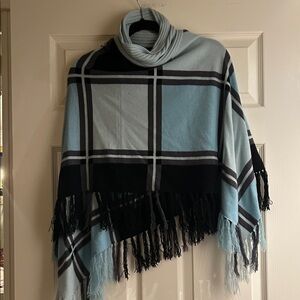 Nordstrom Plaid Fringe Poncho - Light Blue and Black
